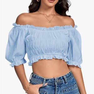 Women's Off Shoulder Ruffle Trim Ruched Short Sleeve Blouse Crop Top